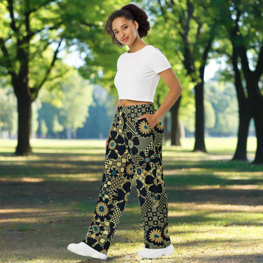 All - over print unisex wide - leg pants, Loose Fit Back Elastic Waist Trousers for Work Casual Black gold color black floral Palazzo - PratSN