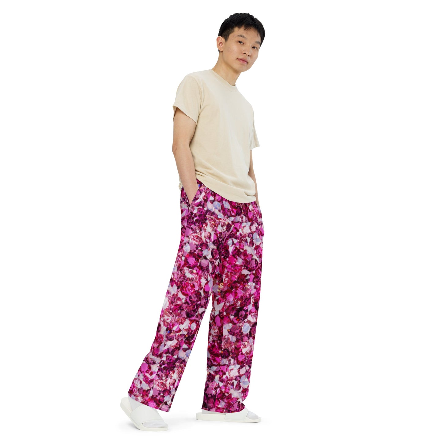 All - over print unisex wide - leg pants, Loose Fit Back Elastic Waist Trousers for Work Casual Pink Palazzo pants - PratSN