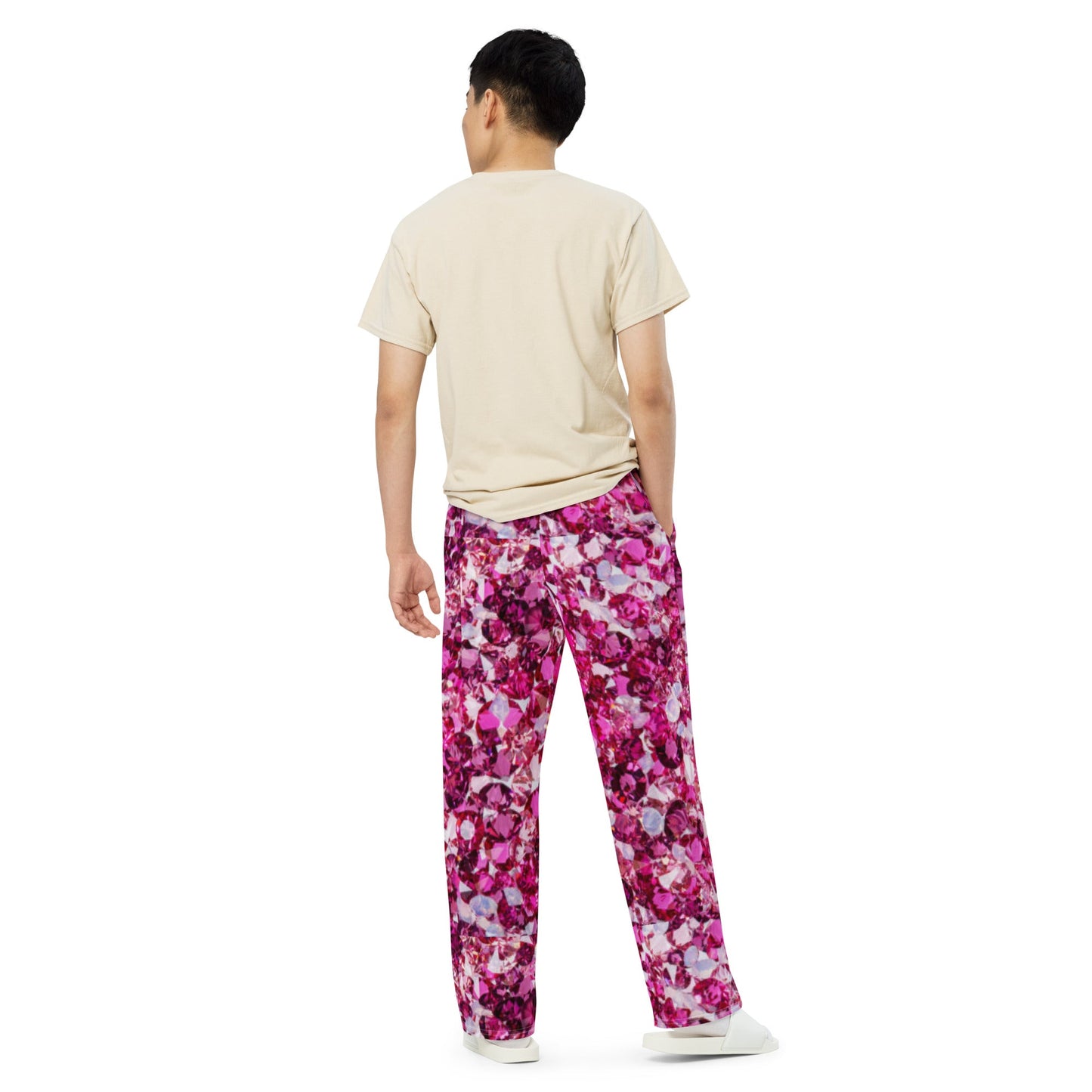 All - over print unisex wide - leg pants, Loose Fit Back Elastic Waist Trousers for Work Casual Pink Palazzo pants - PratSN