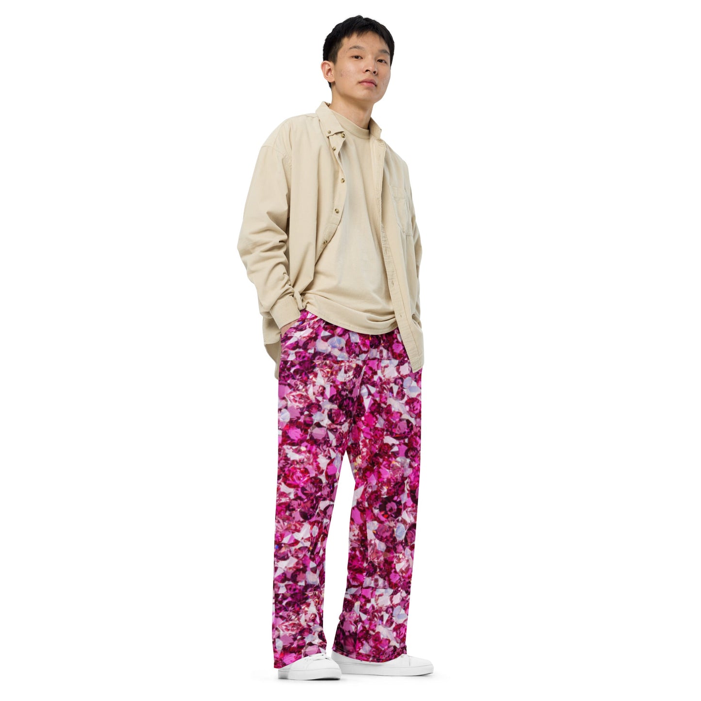 All - over print unisex wide - leg pants, Loose Fit Back Elastic Waist Trousers for Work Casual Pink Palazzo pants - PratSN