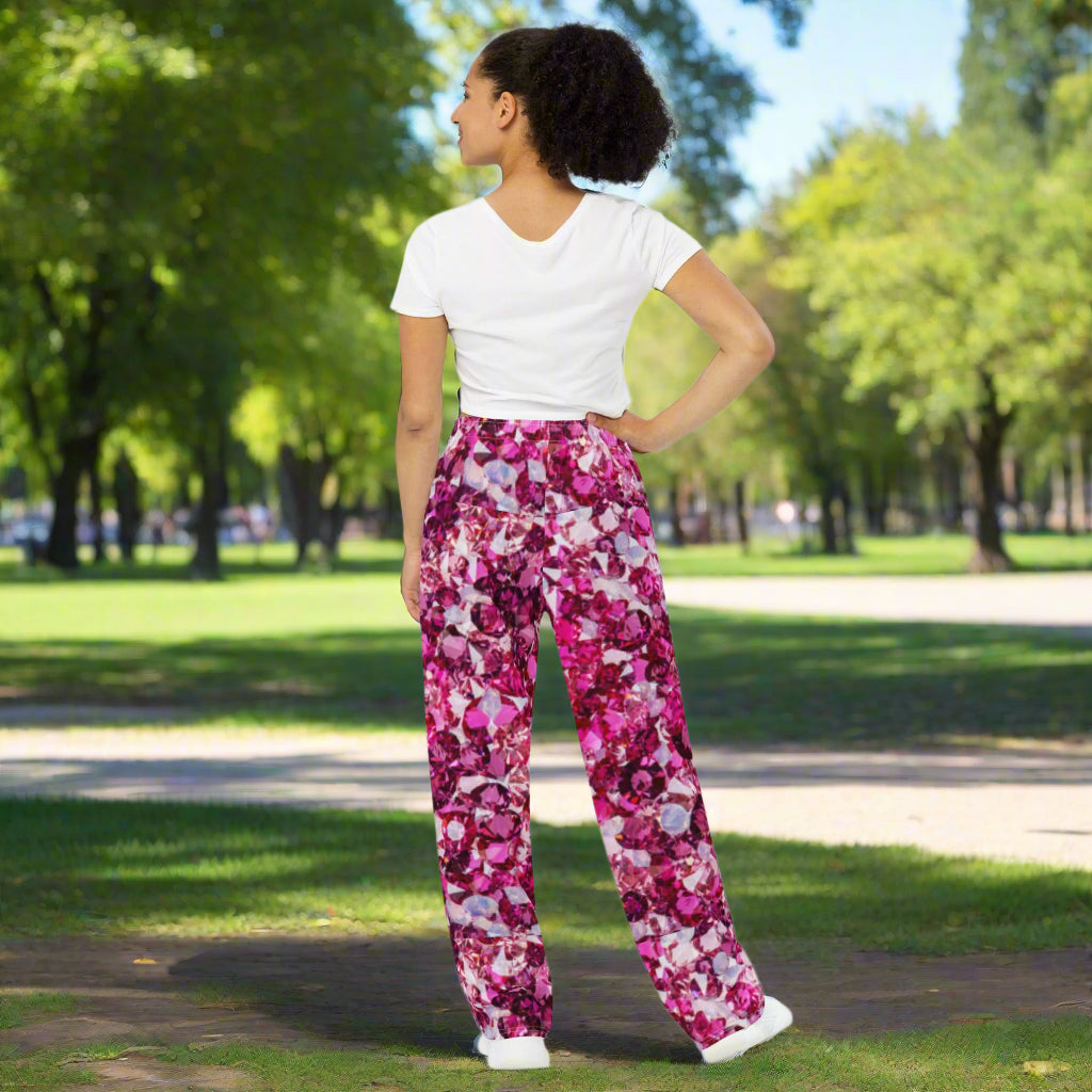 All - over print unisex wide - leg pants, Loose Fit Back Elastic Waist Trousers for Work Casual Pink Palazzo pants - PratSN