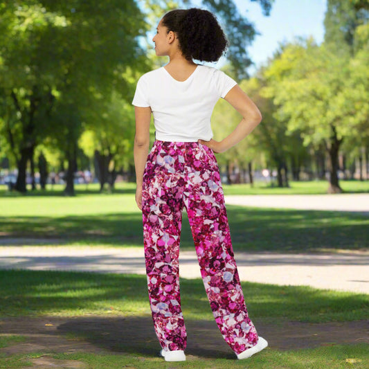 All - over print unisex wide - leg pants, Loose Fit Back Elastic Waist Trousers for Work Casual Pink Palazzo pants - PratSN