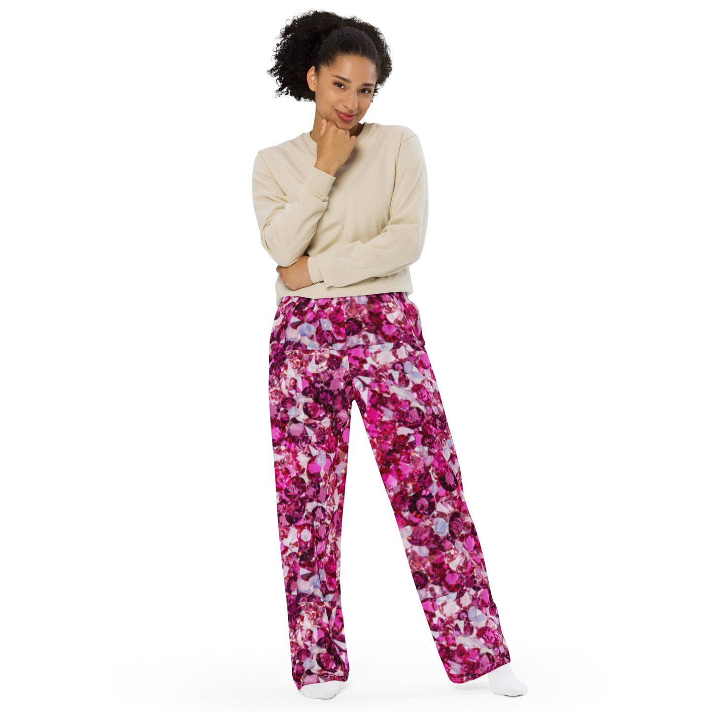All - over print unisex wide - leg pants, Loose Fit Back Elastic Waist Trousers for Work Casual Pink Palazzo pants - PratSN