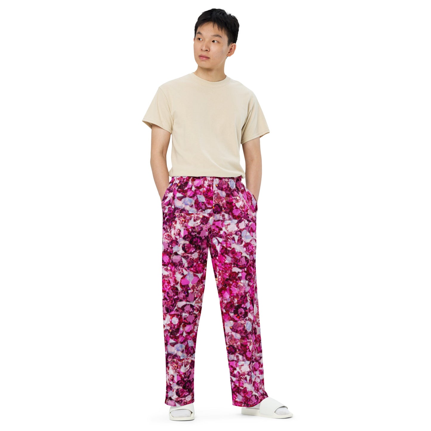 All - over print unisex wide - leg pants, Loose Fit Back Elastic Waist Trousers for Work Casual Pink Palazzo pants - PratSN