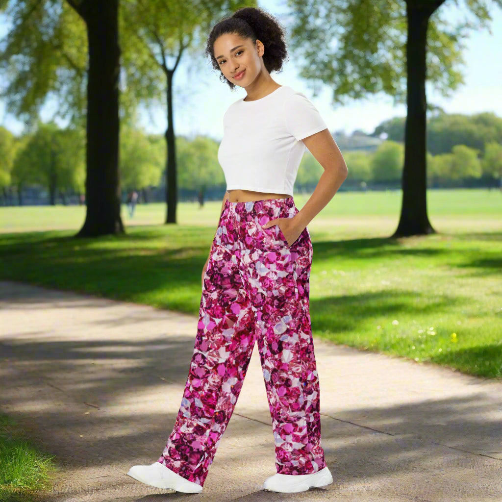 All - over print unisex wide - leg pants, Loose Fit Back Elastic Waist Trousers for Work Casual Pink Palazzo pants - PratSN
