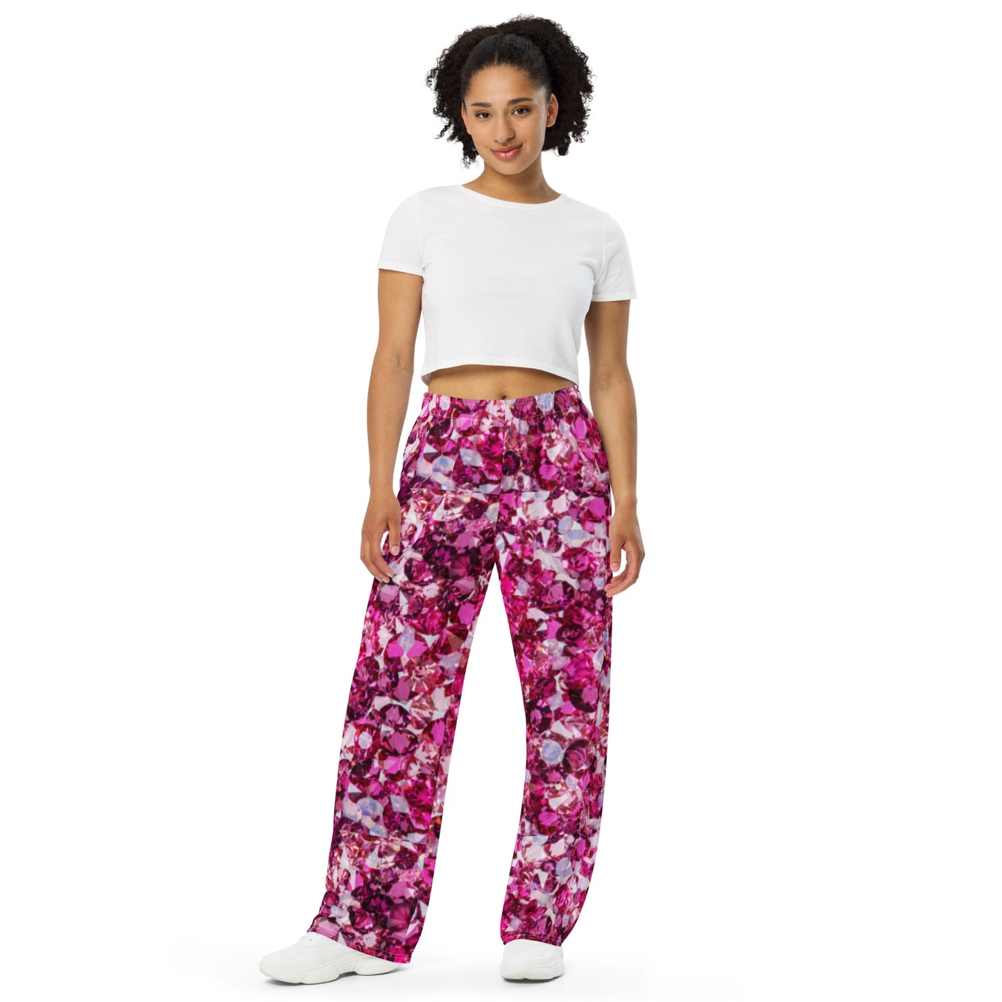 All - over print unisex wide - leg pants, Loose Fit Back Elastic Waist Trousers for Work Casual Pink Palazzo pants - PratSN
