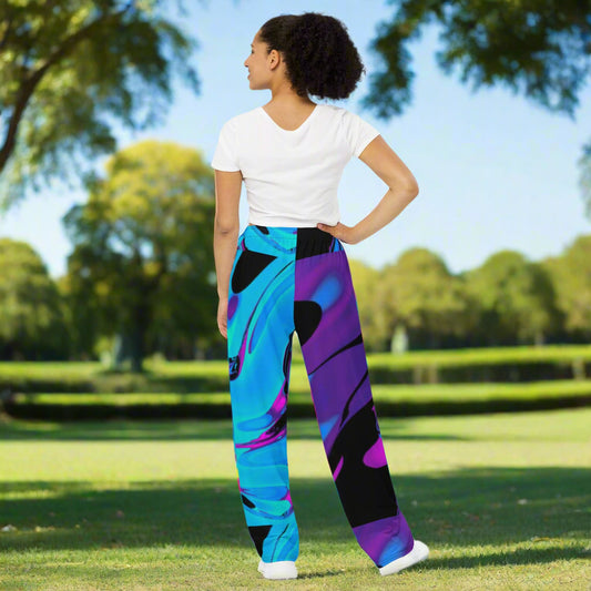 All - over print unisex wide - leg pants, Loose Fit Back Elastic Waist Trousers for Work Casual sky blue and purple pants abstract wide leg pants, - PratSN