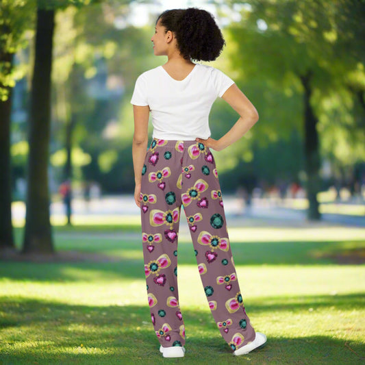 All - over print unisex wide - leg pants, Pink Purple Green wide leg pants, Comfortable wide - leg pants - PratSN