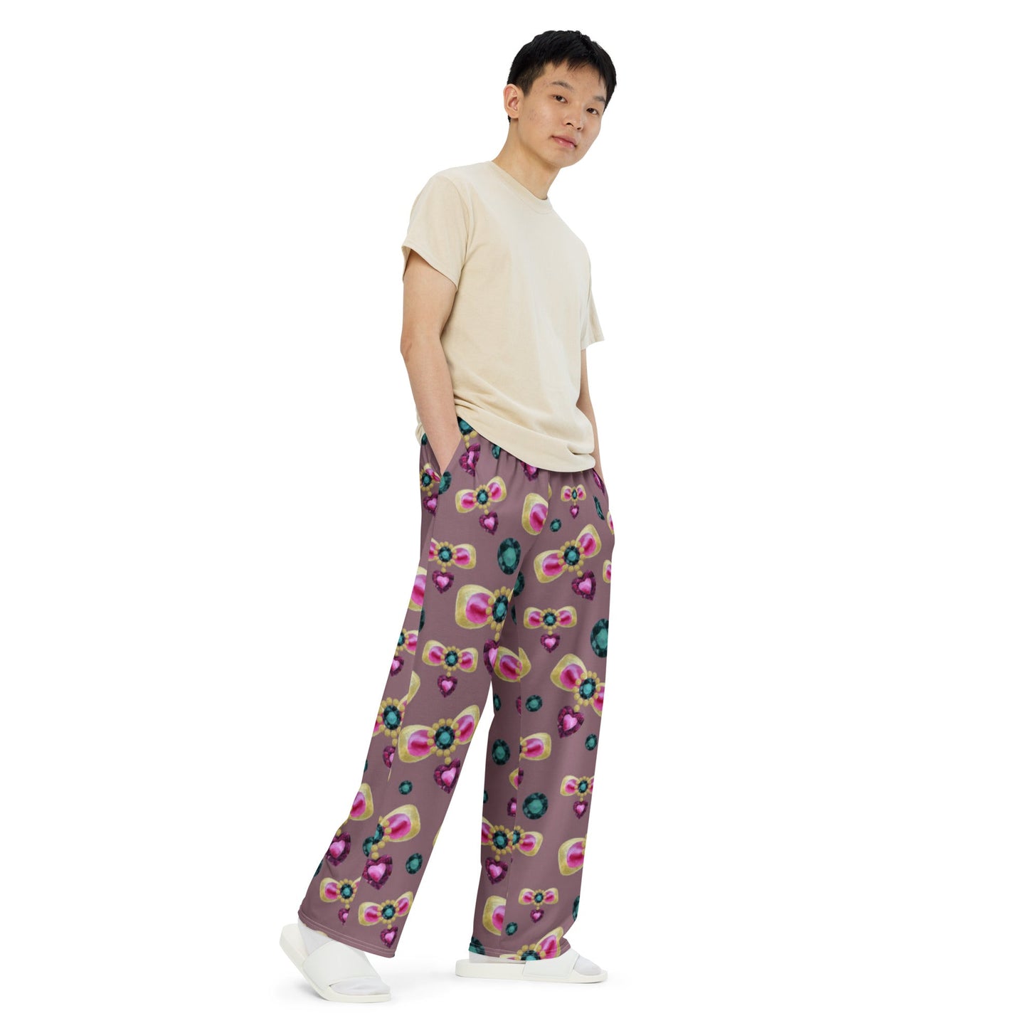 All - over print unisex wide - leg pants, Pink Purple Green wide leg pants, Comfortable wide - leg pants - PratSN