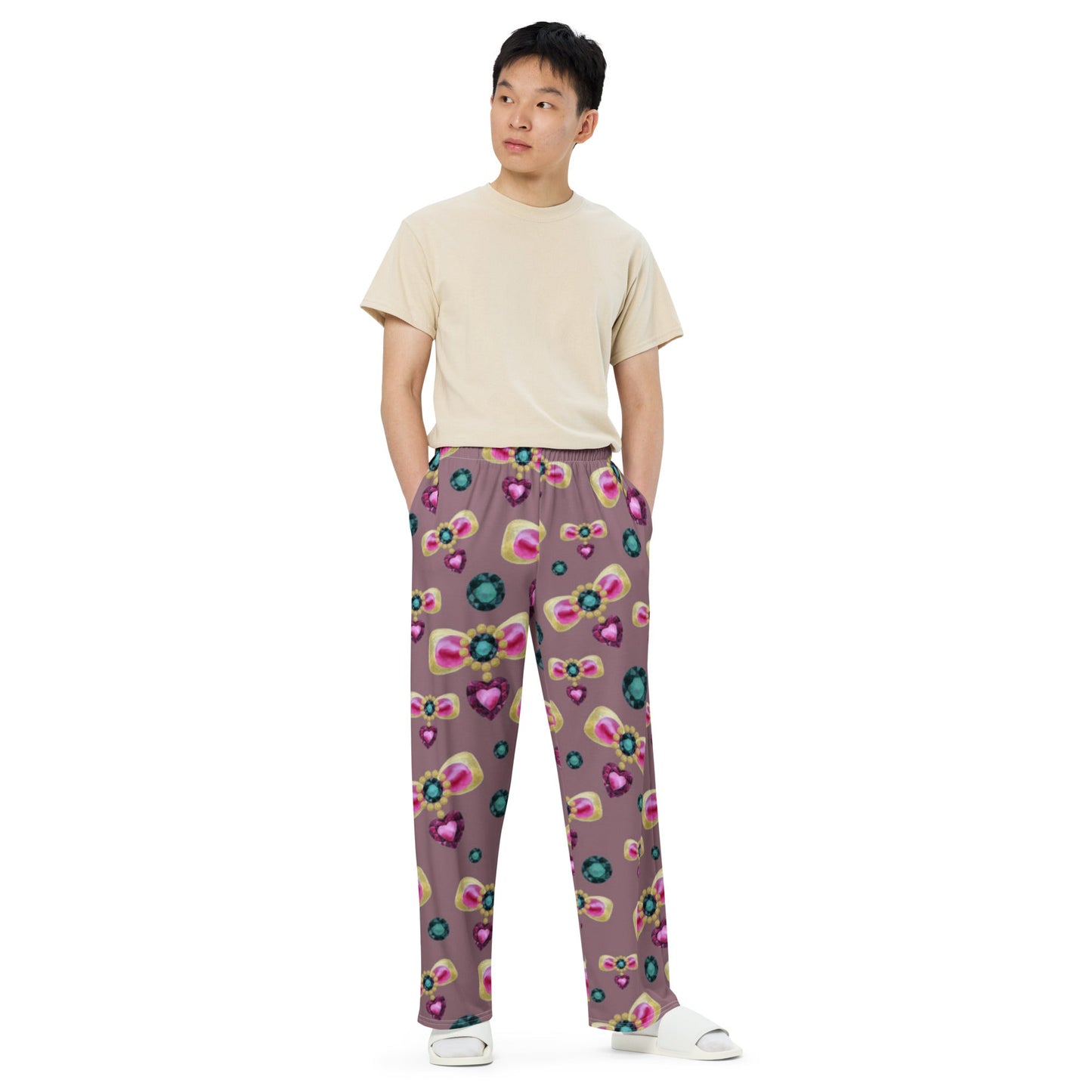 All - over print unisex wide - leg pants, Pink Purple Green wide leg pants, Comfortable wide - leg pants - PratSN