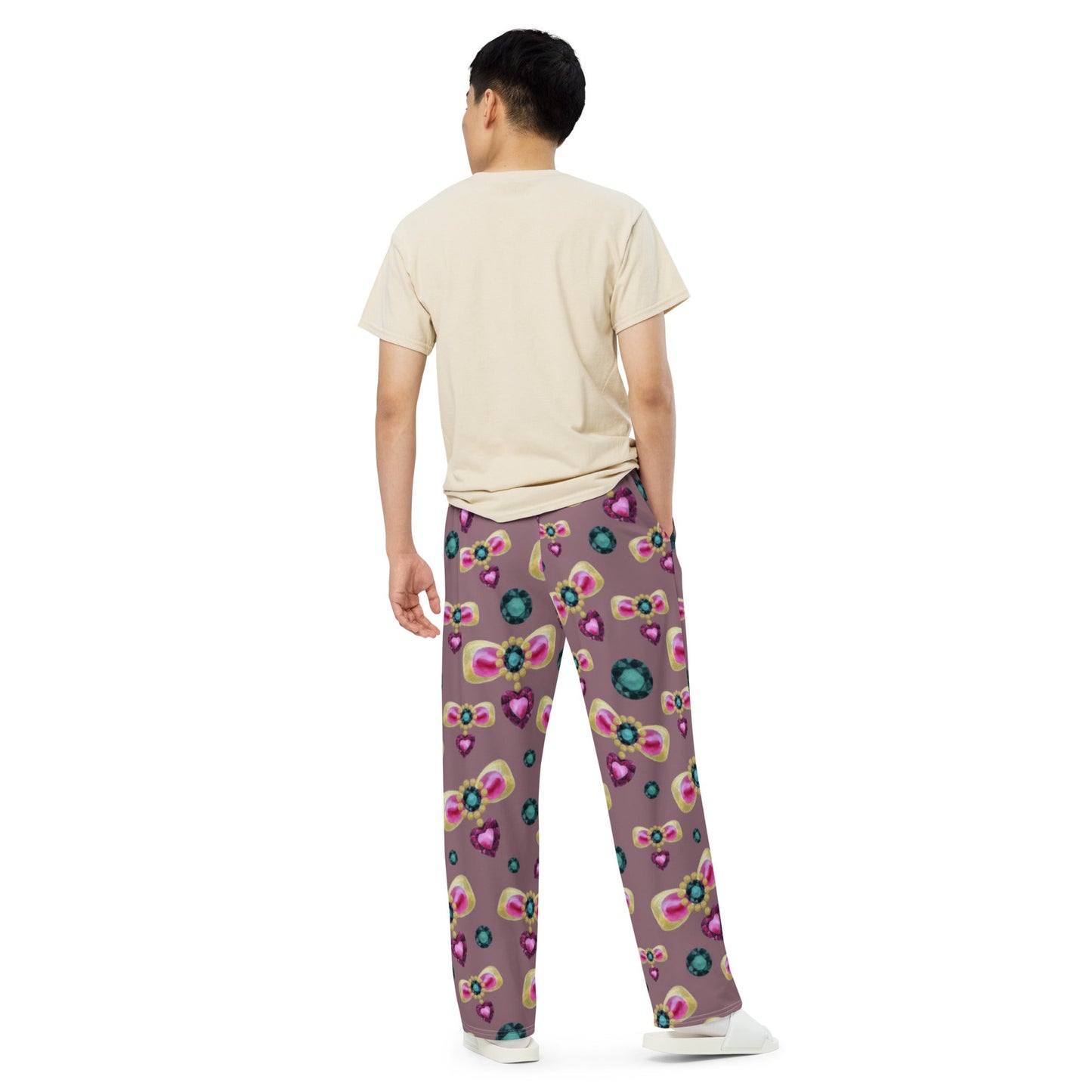 All - over print unisex wide - leg pants, Pink Purple Green wide leg pants, Comfortable wide - leg pants - PratSN