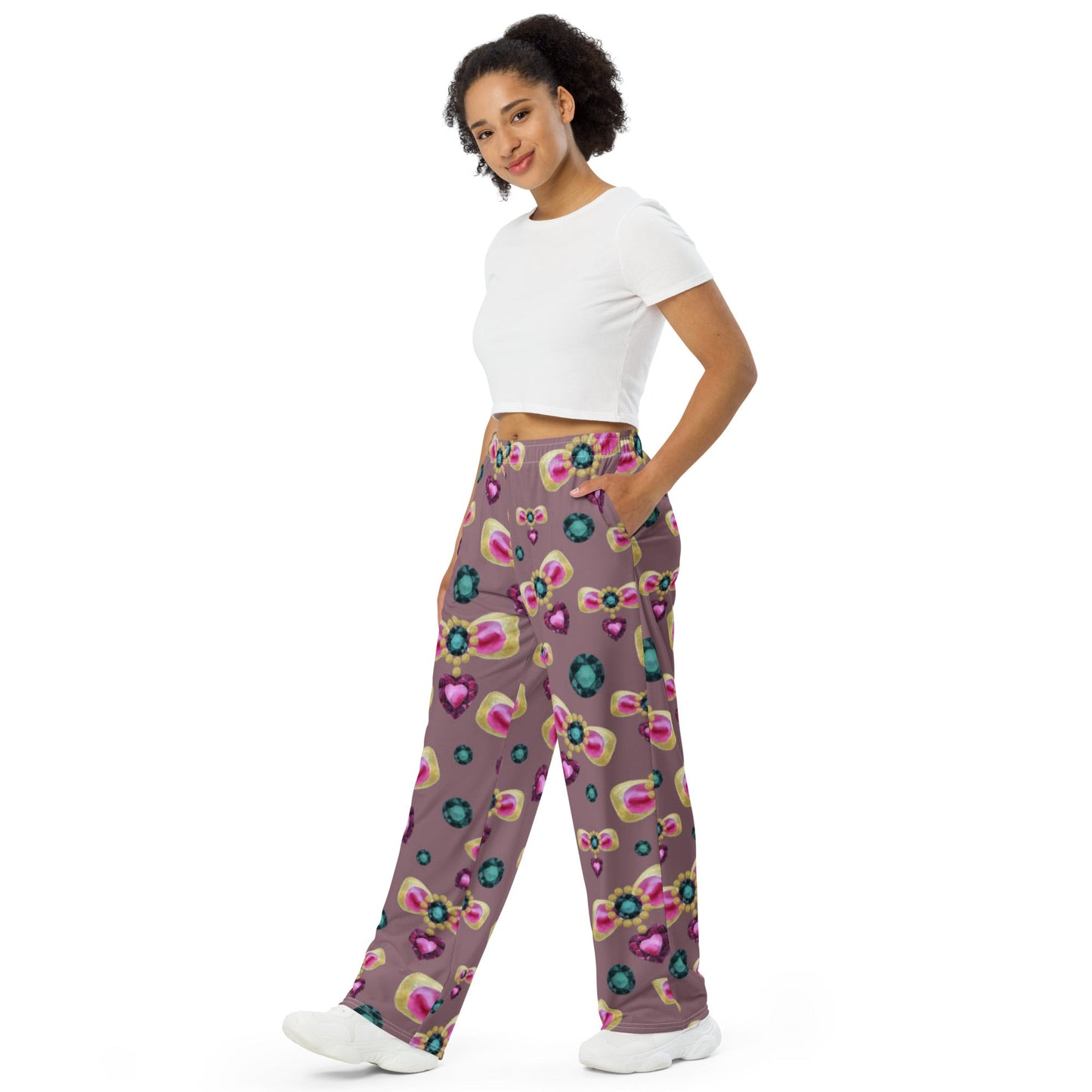 All - over print unisex wide - leg pants, Pink Purple Green wide leg pants, Comfortable wide - leg pants - PratSN