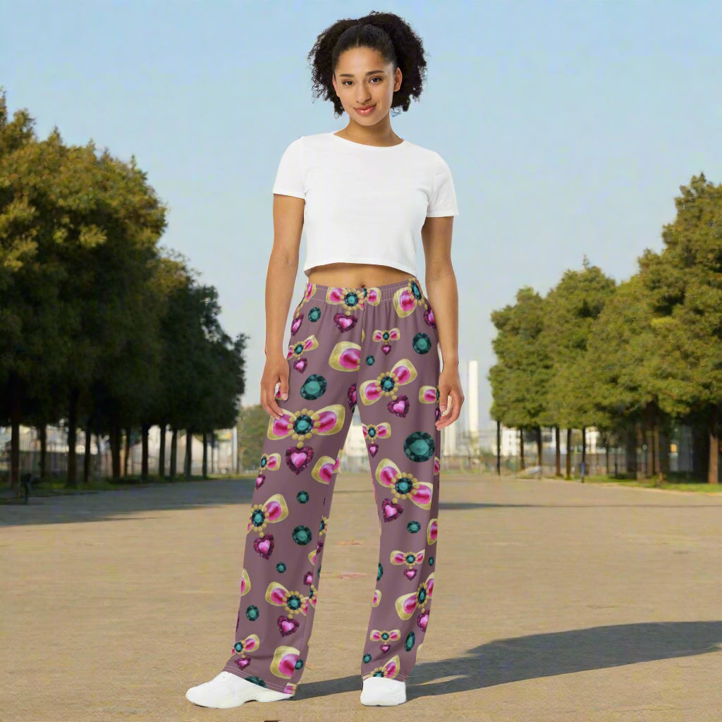 All - over print unisex wide - leg pants, Pink Purple Green wide leg pants, Comfortable wide - leg pants - PratSN