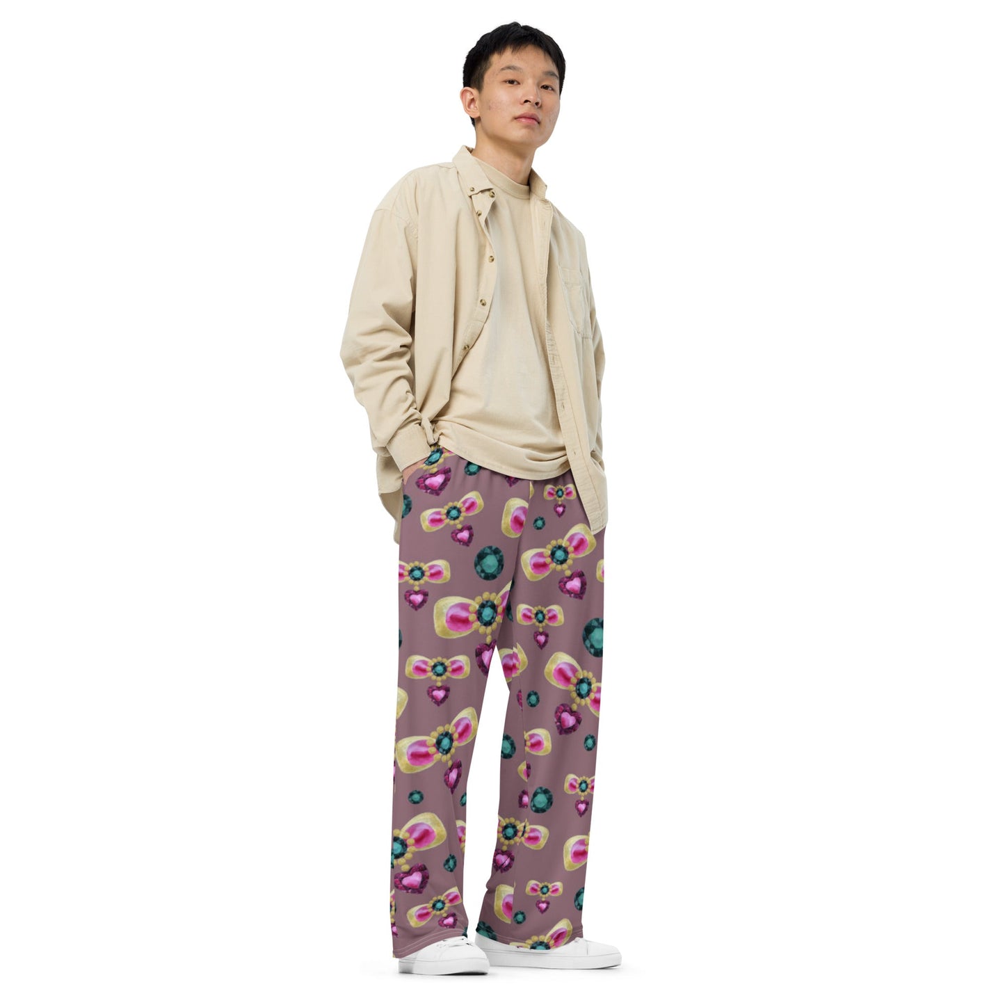 All - over print unisex wide - leg pants, Pink Purple Green wide leg pants, Comfortable wide - leg pants - PratSN