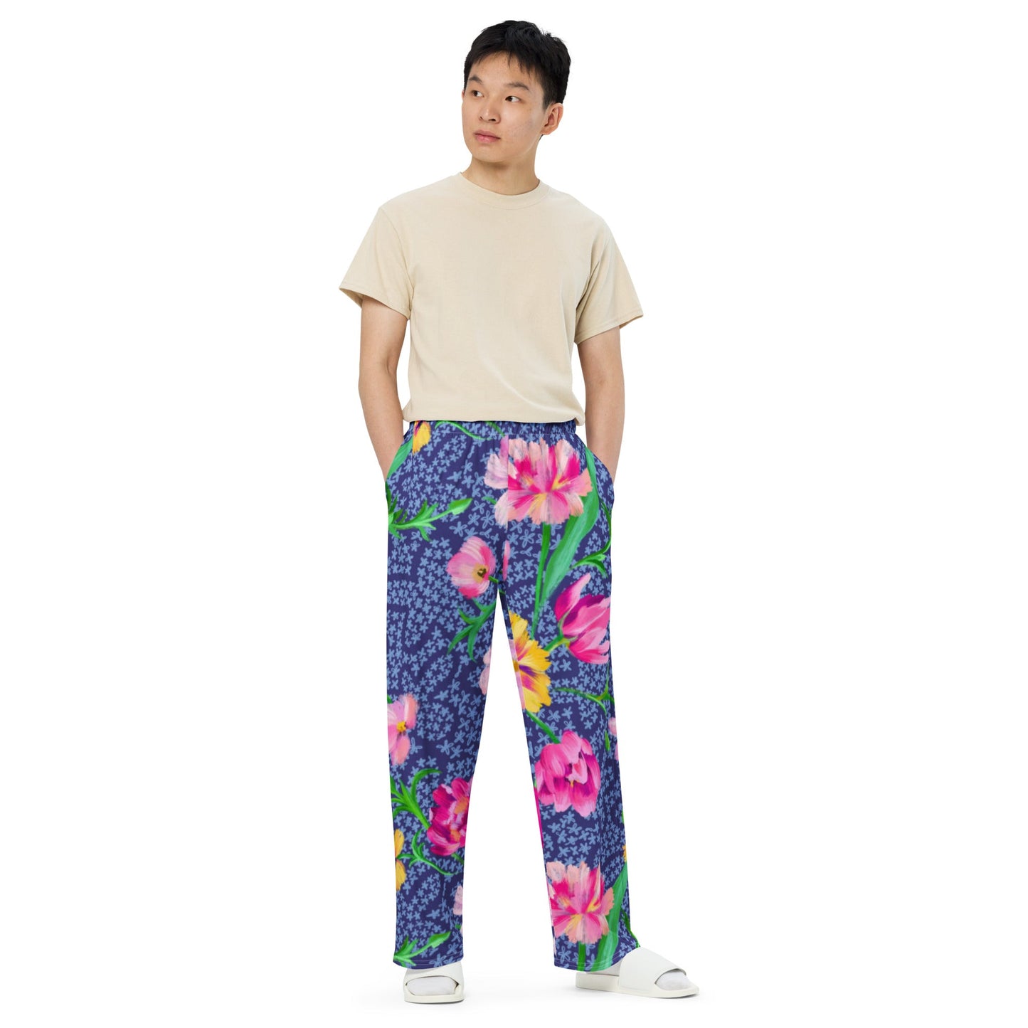 All - over print unisex wide - leg pants, Women's Blue Pink Floral Wide - Leg Pants, Comfortable wide - leg pants - PratSN
