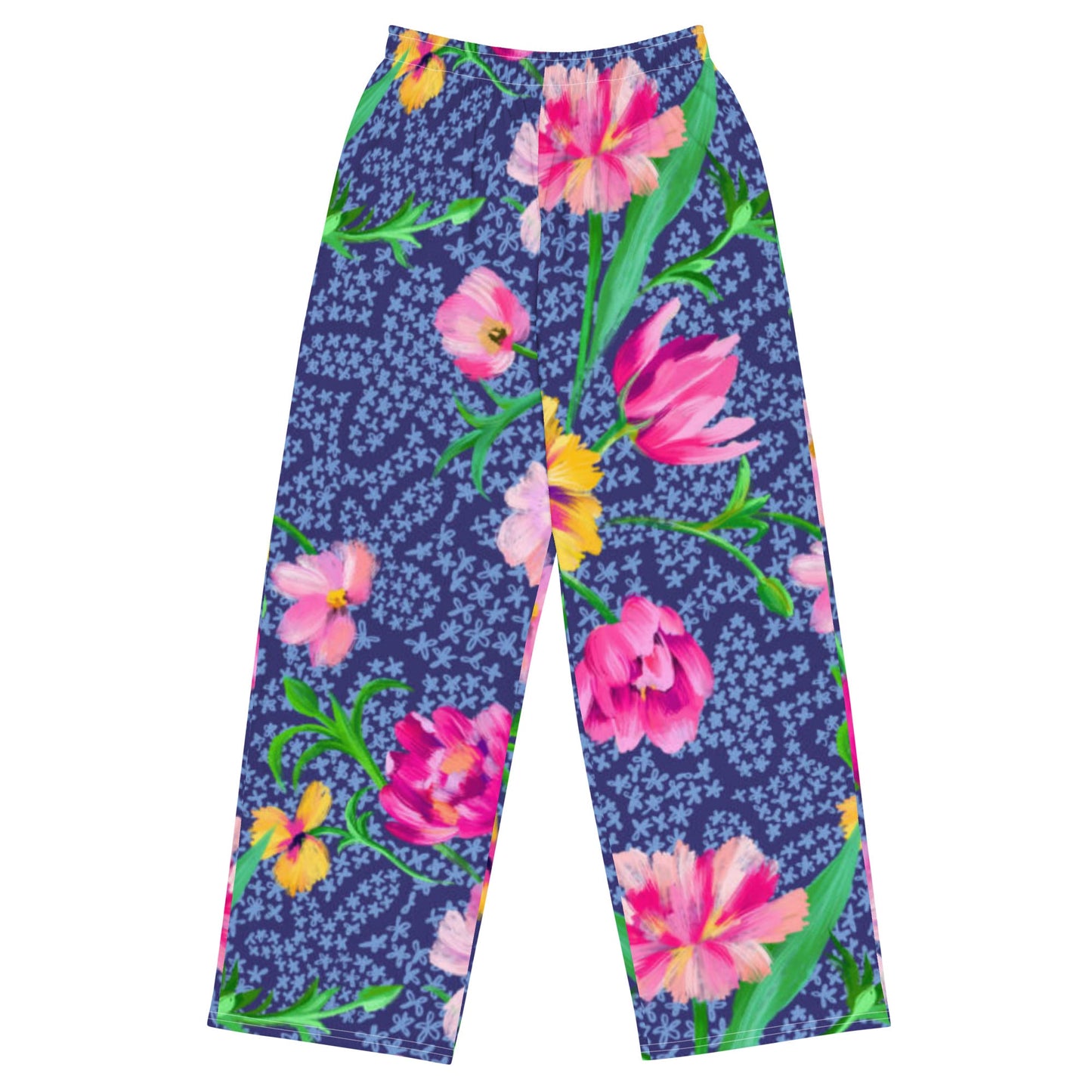 All - over print unisex wide - leg pants, Women's Blue Pink Floral Wide - Leg Pants, Comfortable wide - leg pants - PratSN