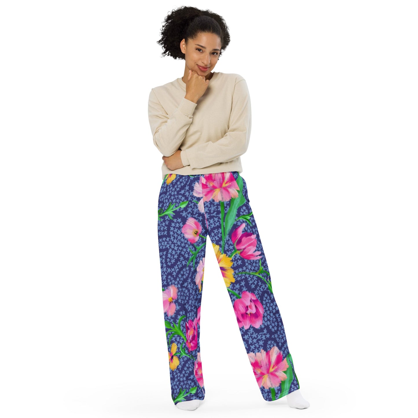 All - over print unisex wide - leg pants, Women's Blue Pink Floral Wide - Leg Pants, Comfortable wide - leg pants - PratSN