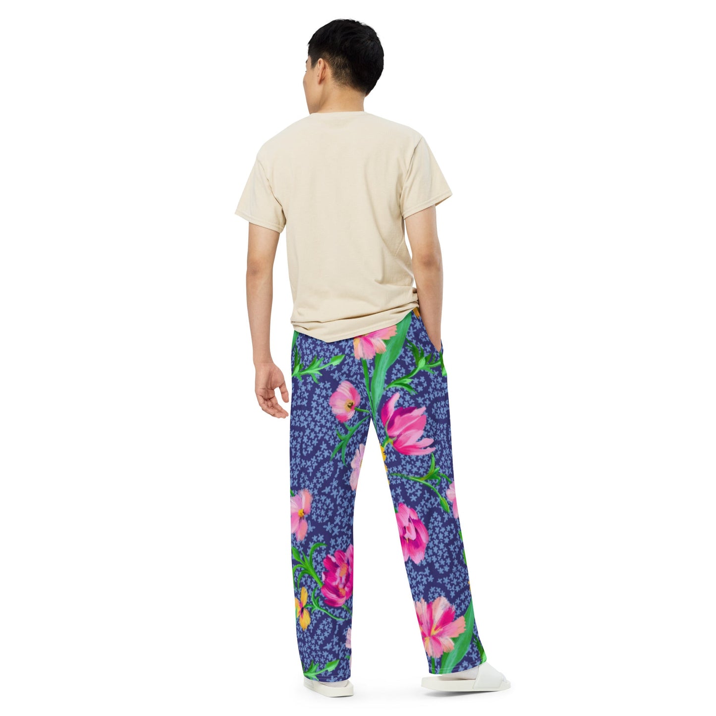All - over print unisex wide - leg pants, Women's Blue Pink Floral Wide - Leg Pants, Comfortable wide - leg pants - PratSN