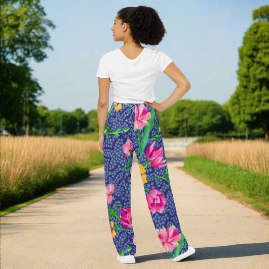 All - over print unisex wide - leg pants, Women's Blue Pink Floral Wide - Leg Pants, Comfortable wide - leg pants - PratSN