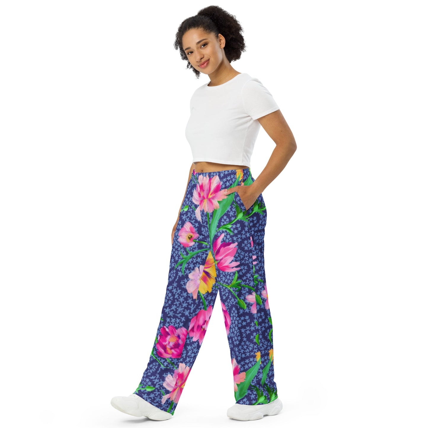 All - over print unisex wide - leg pants, Women's Blue Pink Floral Wide - Leg Pants, Comfortable wide - leg pants - PratSN