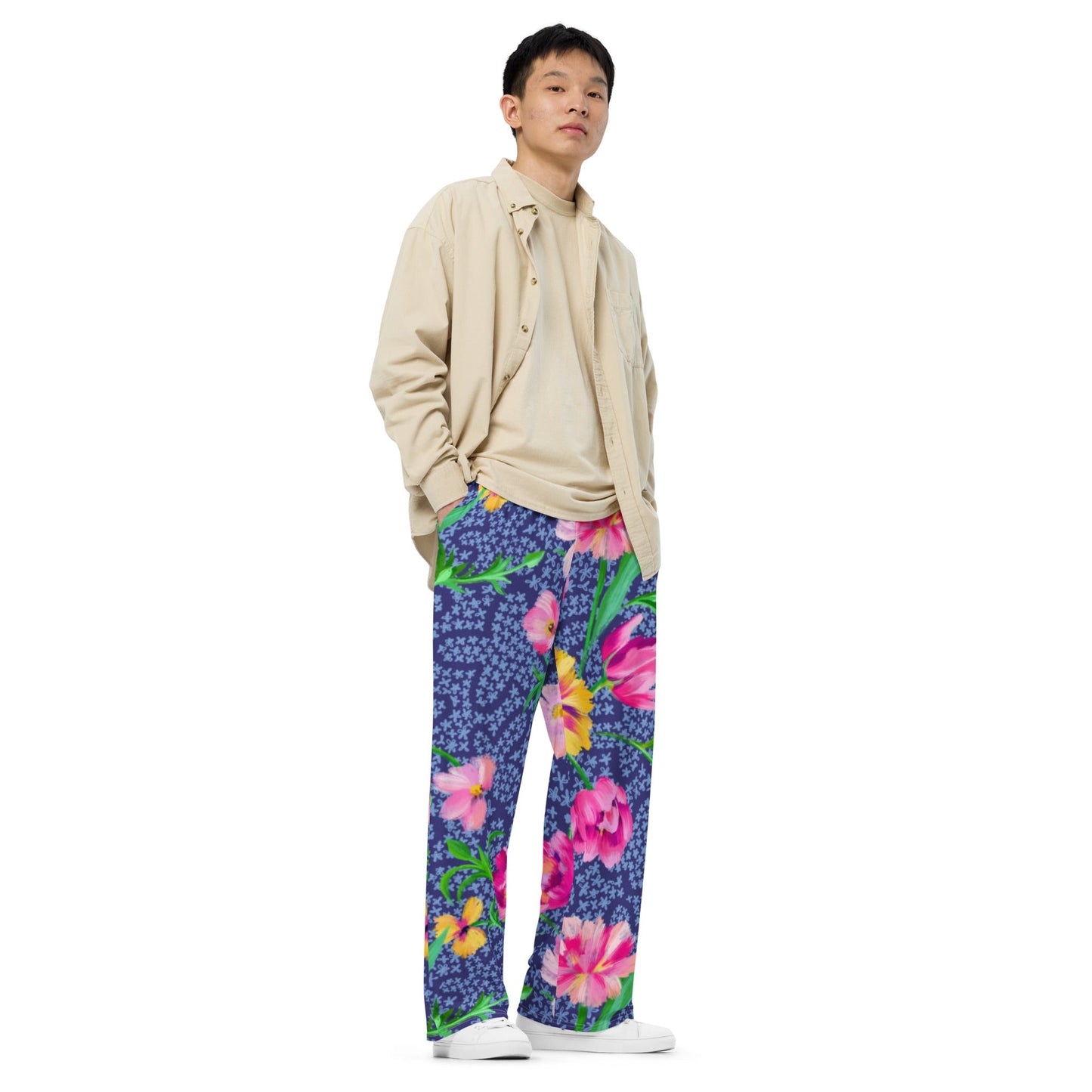 All - over print unisex wide - leg pants, Women's Blue Pink Floral Wide - Leg Pants, Comfortable wide - leg pants - PratSN