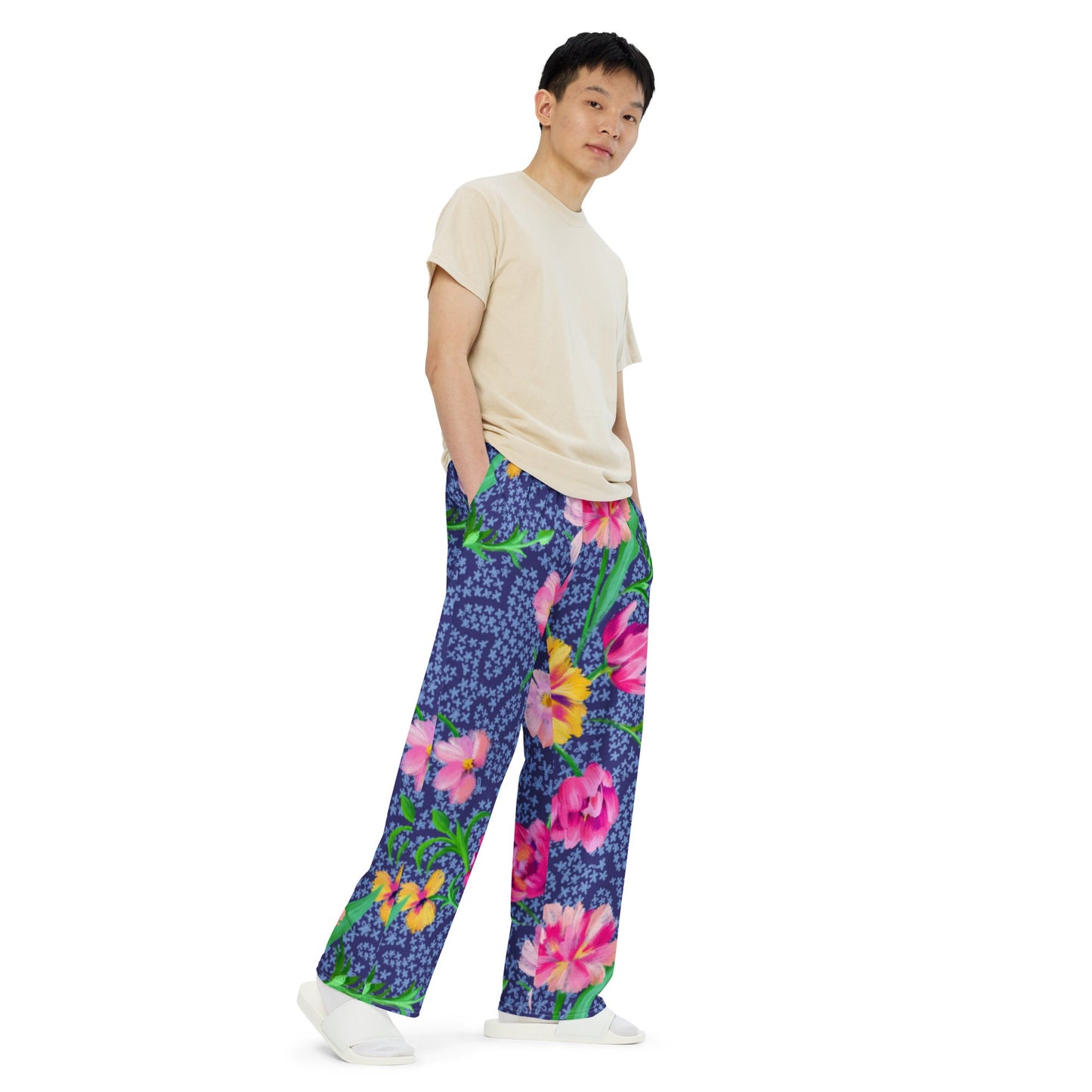 All - over print unisex wide - leg pants, Women's Blue Pink Floral Wide - Leg Pants, Comfortable wide - leg pants - PratSN