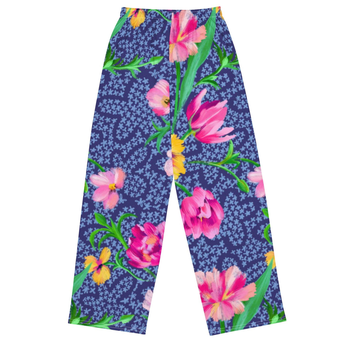 All - over print unisex wide - leg pants, Women's Blue Pink Floral Wide - Leg Pants, Comfortable wide - leg pants - PratSN