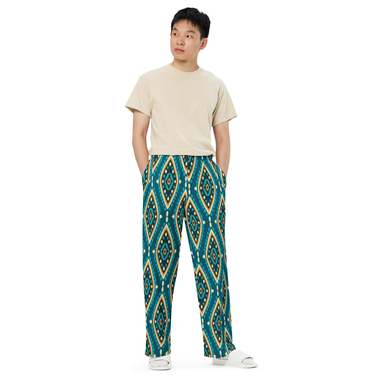 All - over print unisex wide - leg pants, Women's Geometric pattern wide leg pants Women's wide - leg pant, Comfortable - PratSN