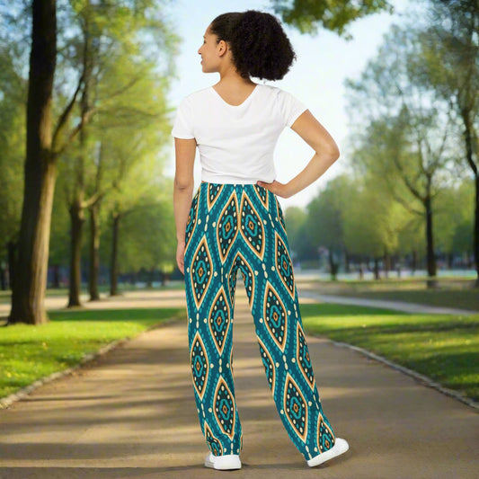 All - over print unisex wide - leg pants, Women's Geometric pattern wide leg pants Women's wide - leg pant, Comfortable - PratSN