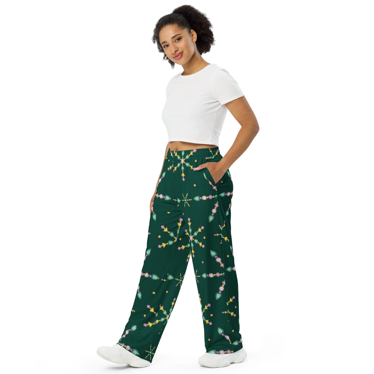All - over print unisex wide - leg pants, Women's Green wide leg pants, Comfortable wide - leg pants - PratSN
