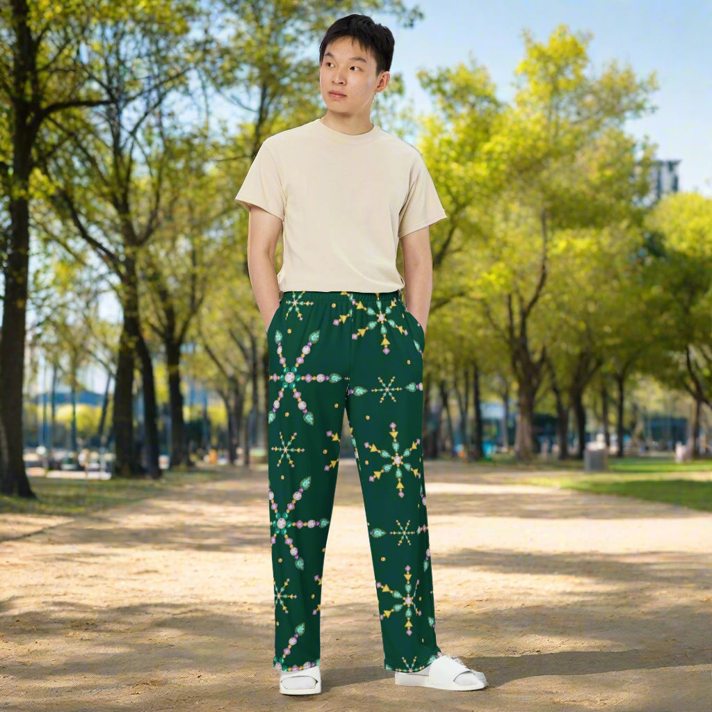All - over print unisex wide - leg pants, Women's Green wide leg pants, Comfortable wide - leg pants - PratSN