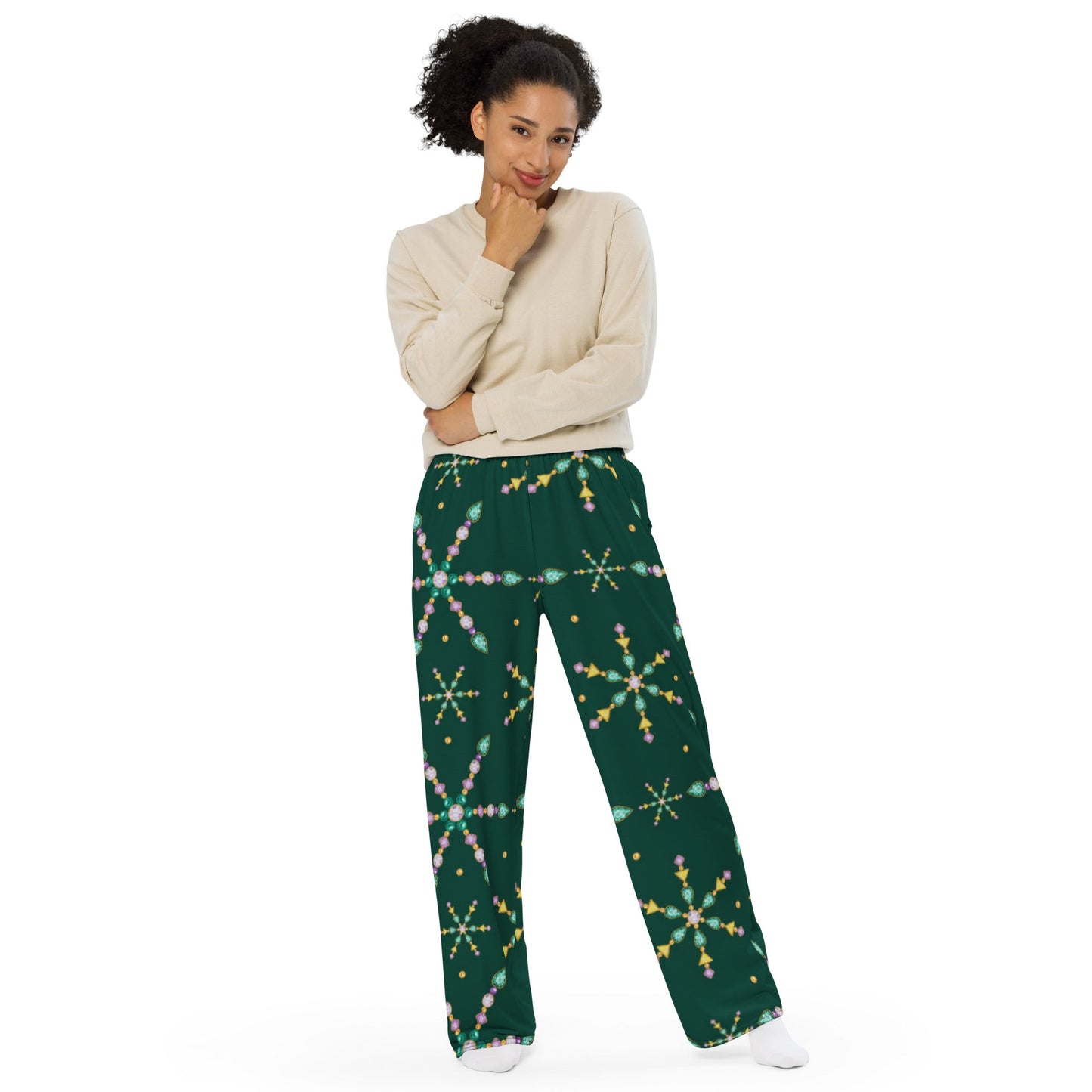 All - over print unisex wide - leg pants, Women's Green wide leg pants, Comfortable wide - leg pants - PratSN
