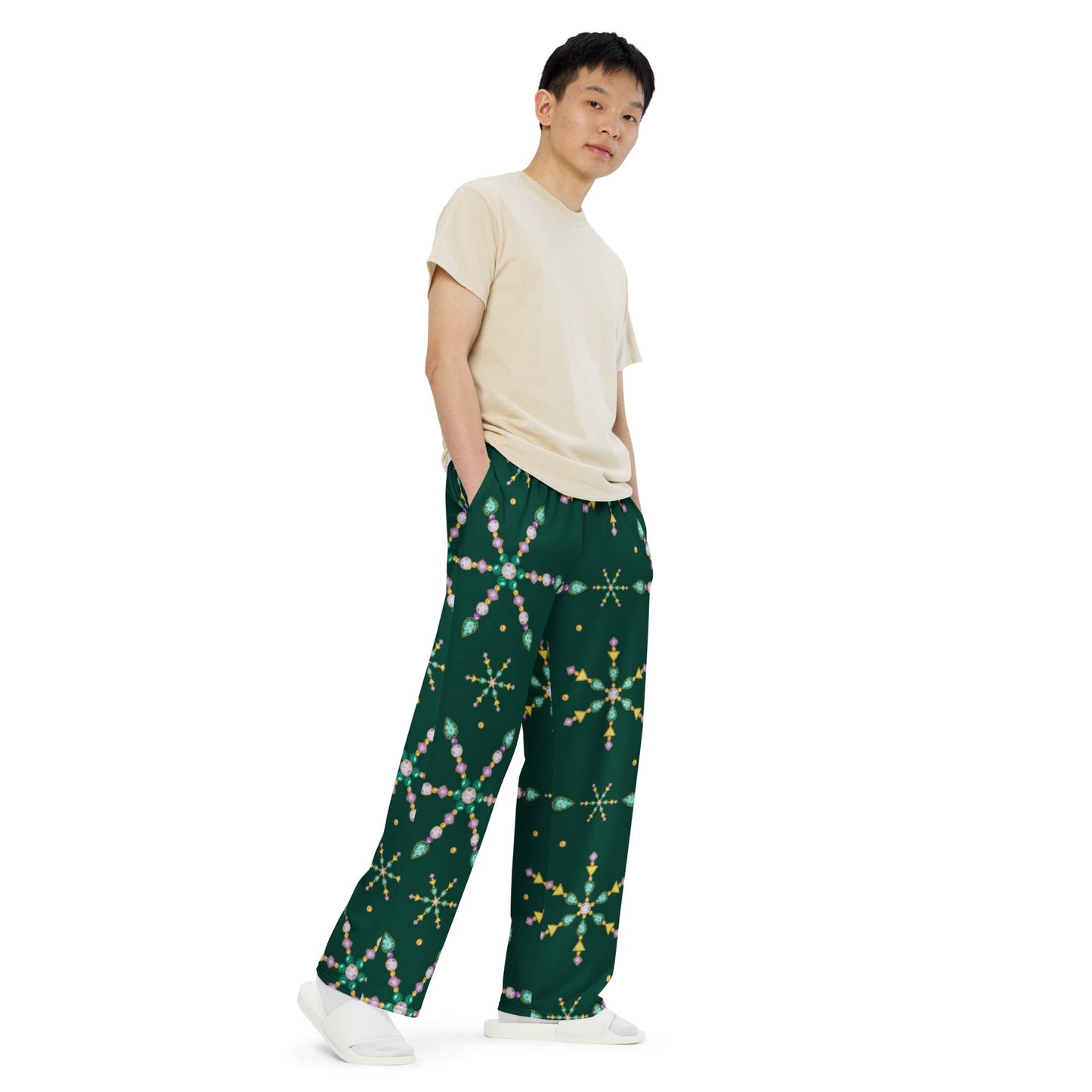 All - over print unisex wide - leg pants, Women's Green wide leg pants, Comfortable wide - leg pants - PratSN