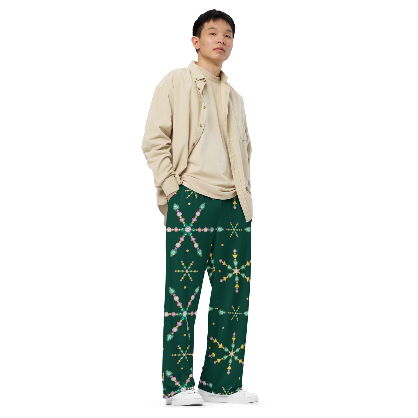 All - over print unisex wide - leg pants, Women's Green wide leg pants, Comfortable wide - leg pants - PratSN
