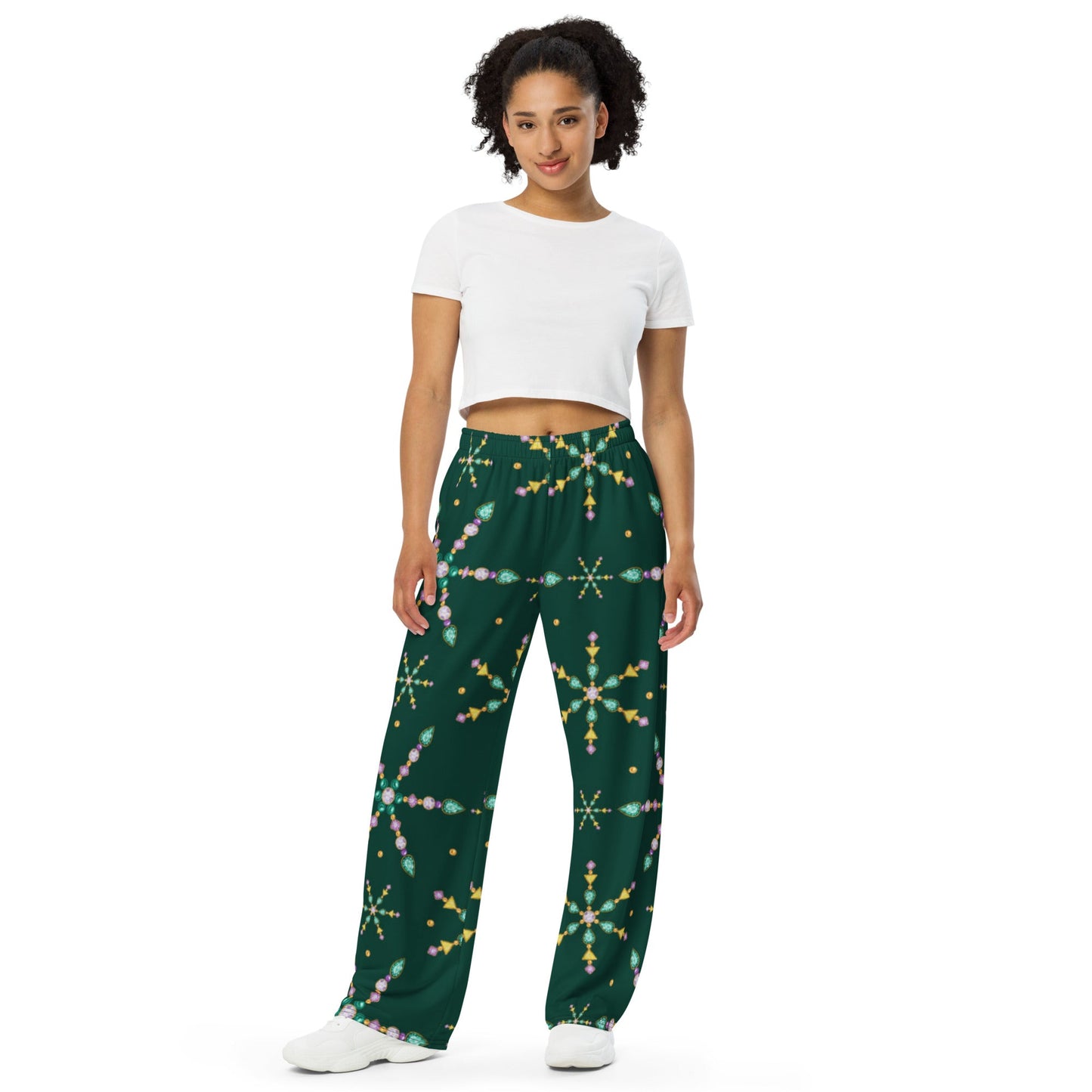 All - over print unisex wide - leg pants, Women's Green wide leg pants, Comfortable wide - leg pants - PratSN