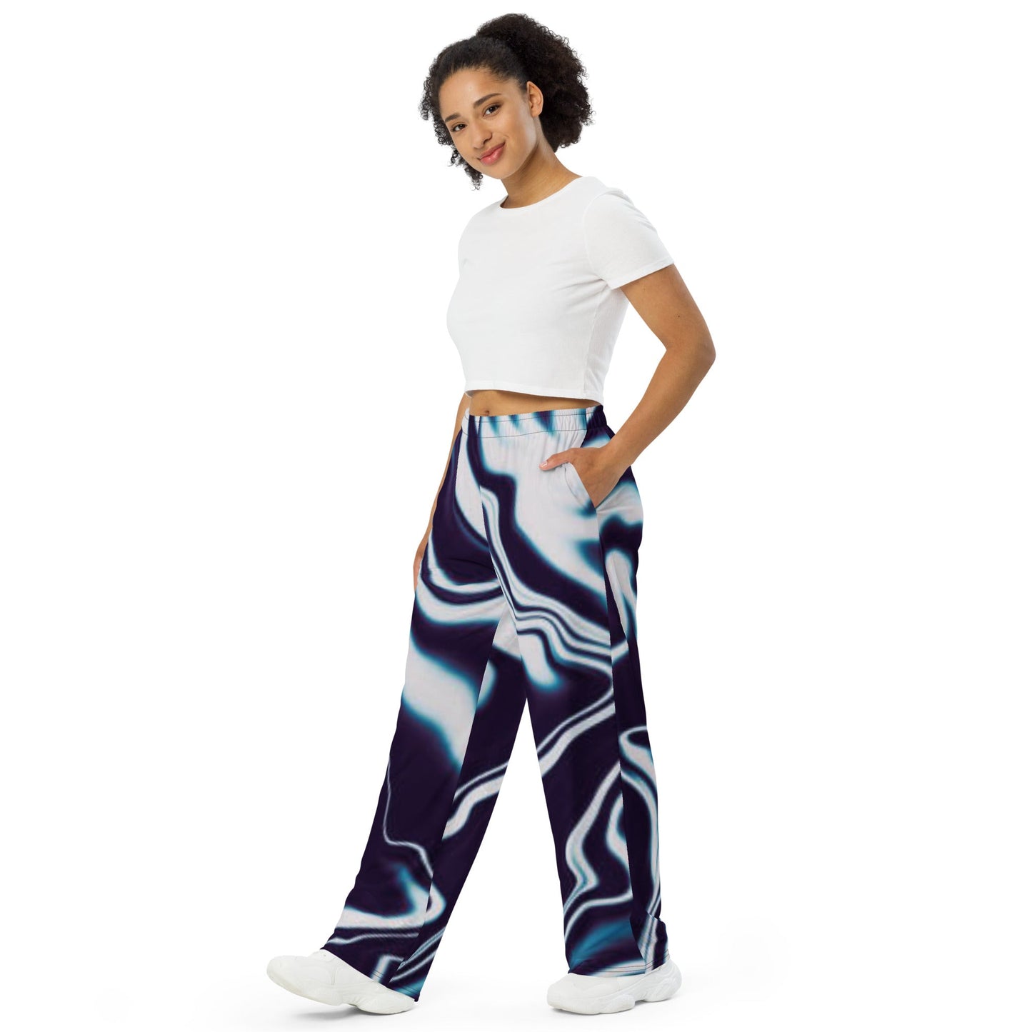 All - over print unisex wide - leg pants, Women's Liquid pattern Loose Fit Back Elastic Waist Trousers for Work Casual Blockade leg pants Navy blue and white, - PratSN