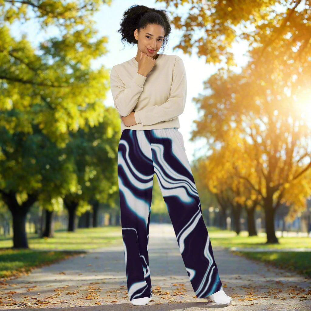 All - over print unisex wide - leg pants, Women's Liquid pattern Loose Fit Back Elastic Waist Trousers for Work Casual Blockade leg pants Navy blue and white, - PratSN