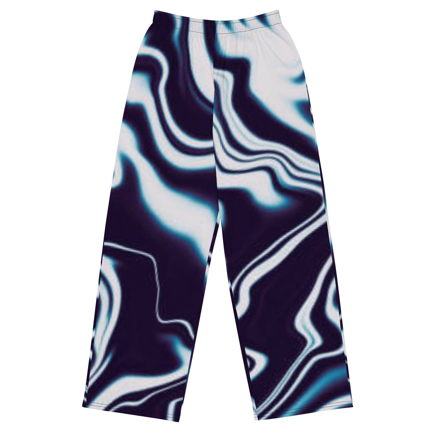 All - over print unisex wide - leg pants, Women's Liquid pattern Loose Fit Back Elastic Waist Trousers for Work Casual Blockade leg pants Navy blue and white, - PratSN