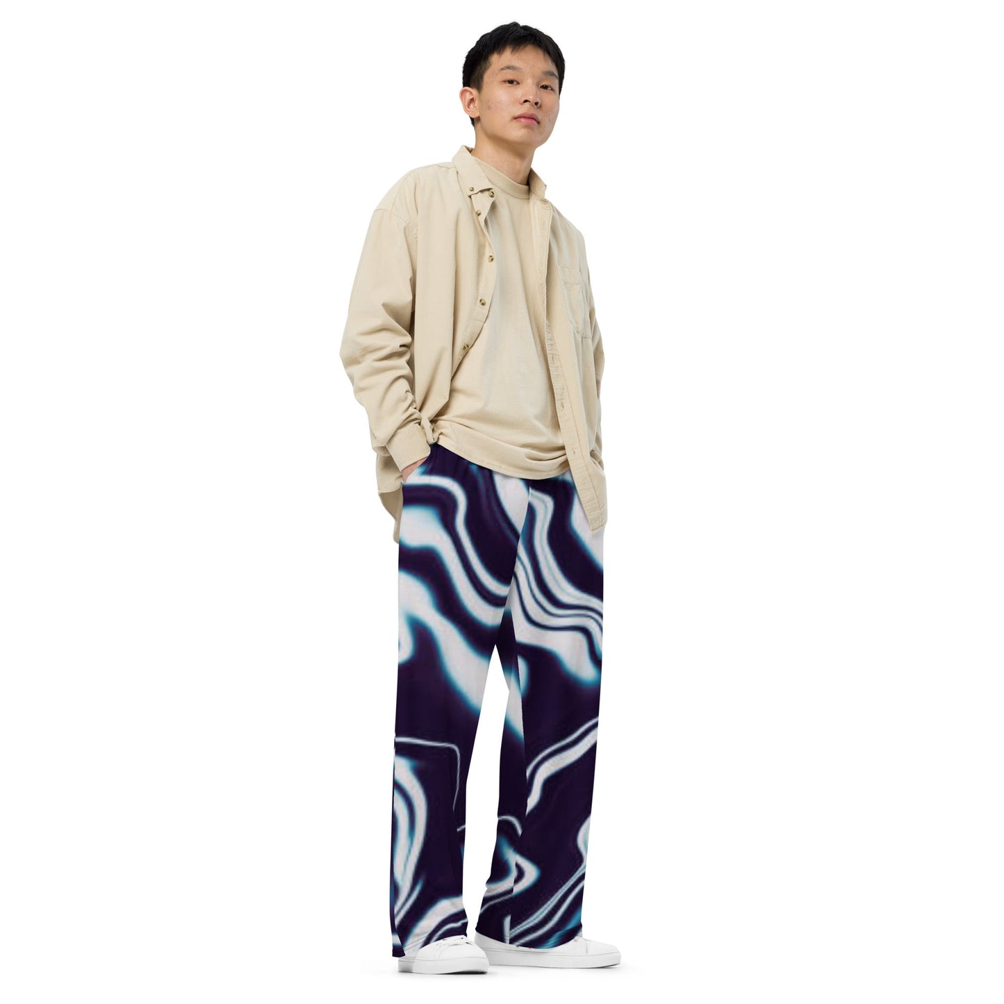 All - over print unisex wide - leg pants, Women's Liquid pattern Loose Fit Back Elastic Waist Trousers for Work Casual Blockade leg pants Navy blue and white, - PratSN