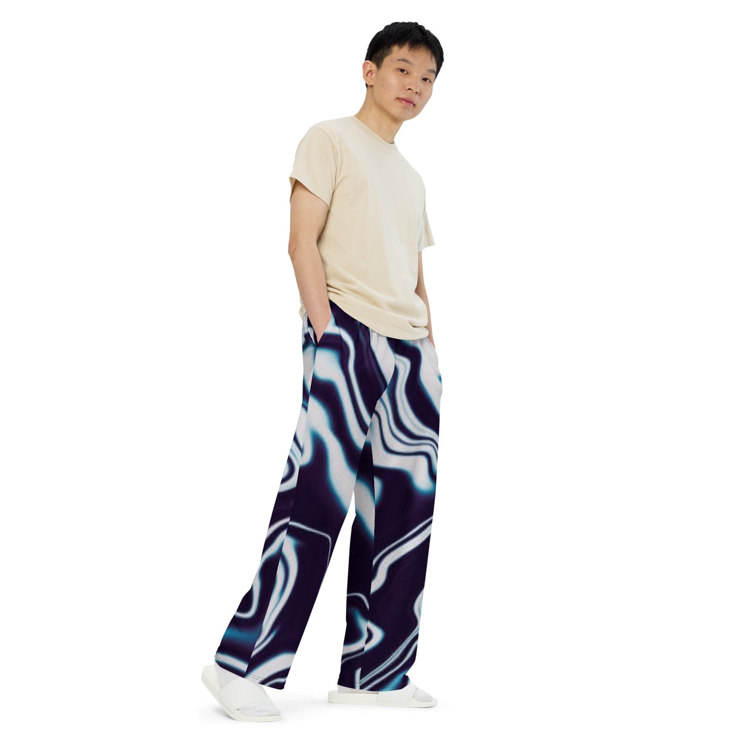 All - over print unisex wide - leg pants, Women's Liquid pattern Loose Fit Back Elastic Waist Trousers for Work Casual Blockade leg pants Navy blue and white, - PratSN