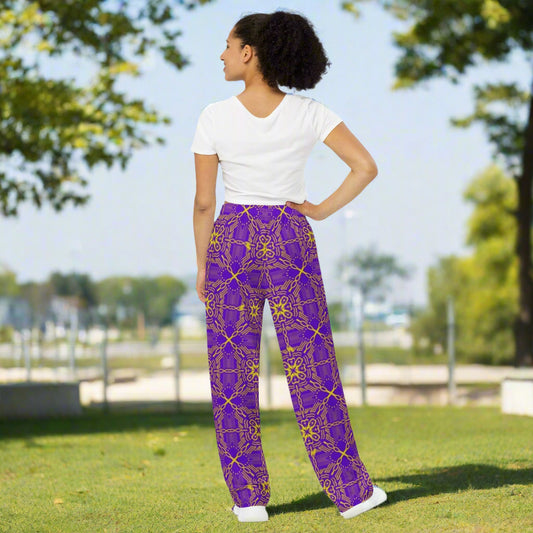 All - over print unisex wide - leg pants, Women's Purple wide leg pants, Comfortable wide - leg pants - PratSN