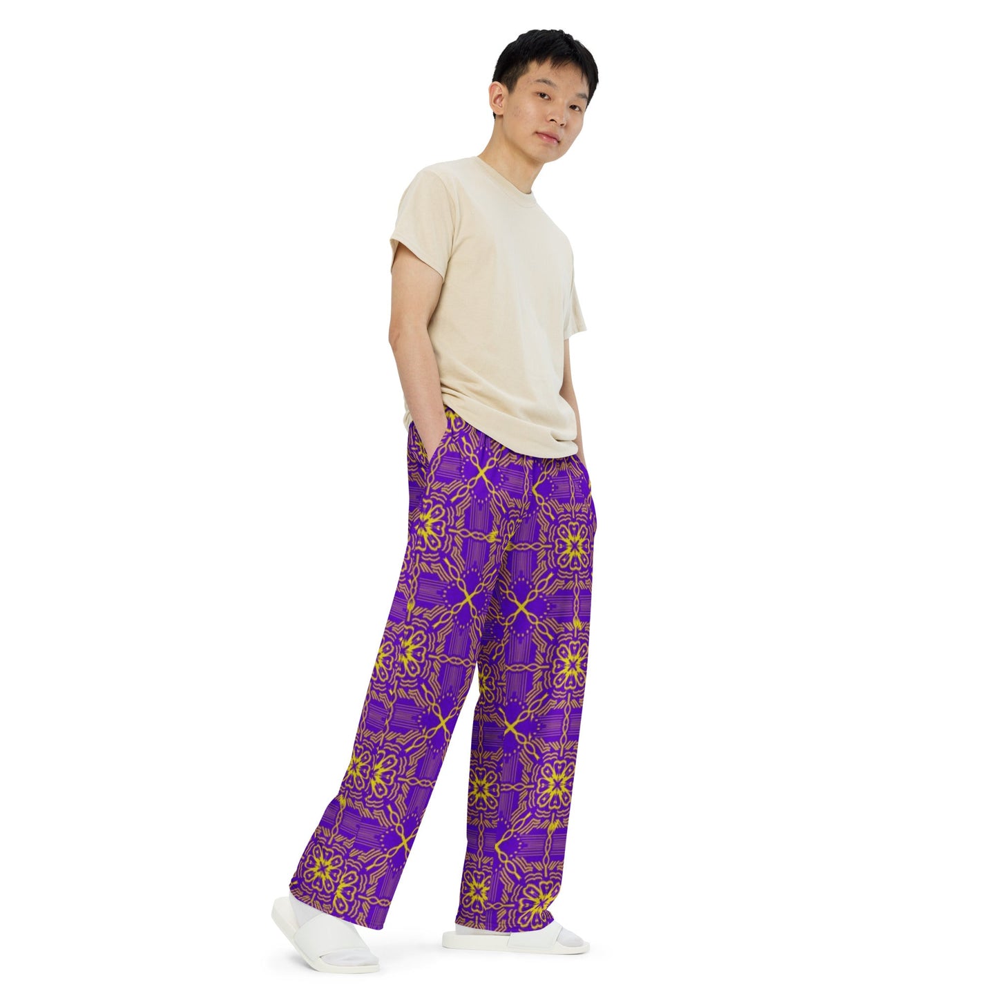 All - over print unisex wide - leg pants, Women's Purple wide leg pants, Comfortable wide - leg pants - PratSN