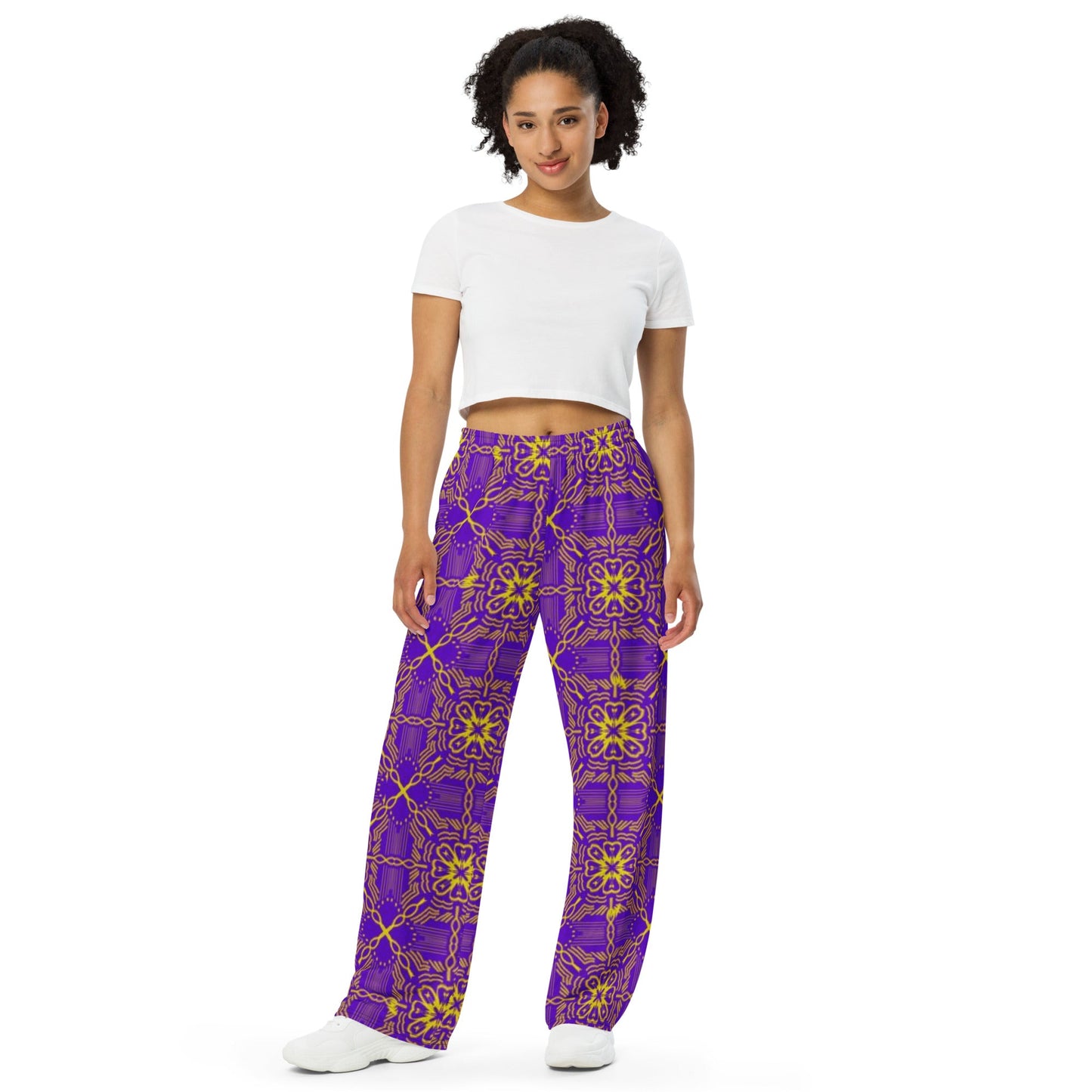 All - over print unisex wide - leg pants, Women's Purple wide leg pants, Comfortable wide - leg pants - PratSN