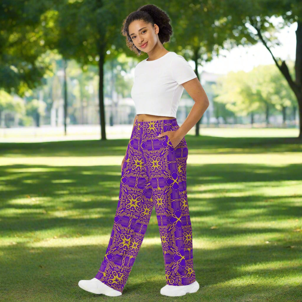 All - over print unisex wide - leg pants, Women's Purple wide leg pants, Comfortable wide - leg pants - PratSN