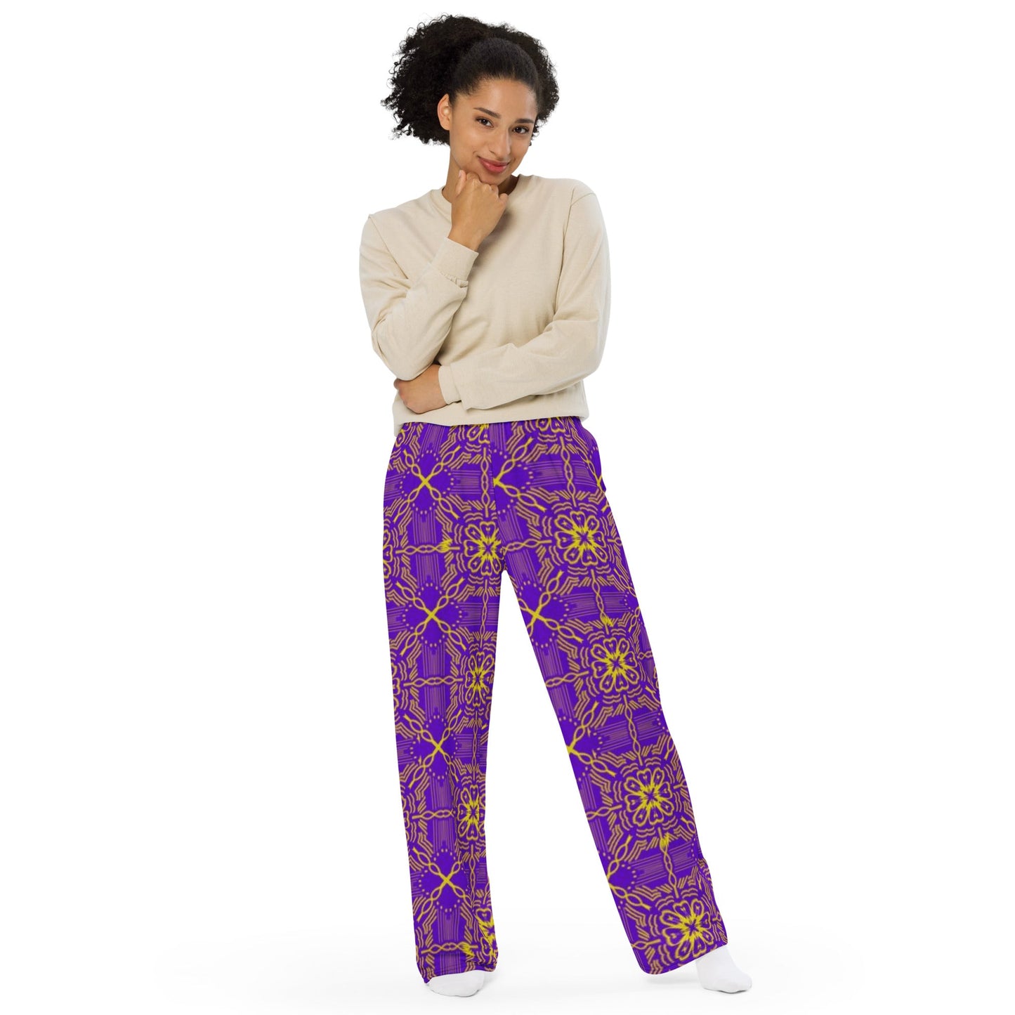 All - over print unisex wide - leg pants, Women's Purple wide leg pants, Comfortable wide - leg pants - PratSN