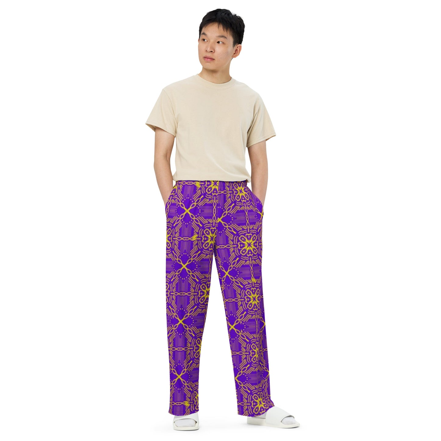 All - over print unisex wide - leg pants, Women's Purple wide leg pants, Comfortable wide - leg pants - PratSN