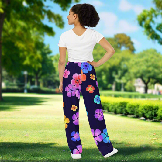 All - over print unisex wide - leg pants, Women's wide - leg pant, Comfortable Floral Loose Fit Back Elastic Waist Trousers for Work Casual Black - PratSN