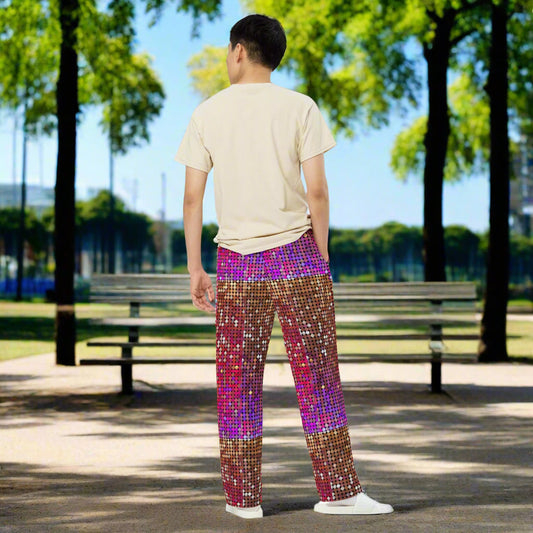 All - over print unisex wide - leg pants, Women's wide - leg pant, Comfortable wide - leg pants Pink Purple Rhinestone Print (Not real sequins Design is printed onto) fabric - PratSN