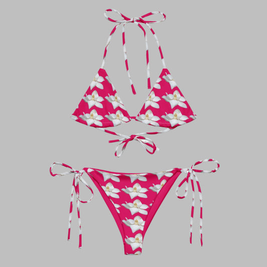 All - over print Women's string bikini,ear, White Pink Floral Bikini, Cute Summer Bikini - PratSN