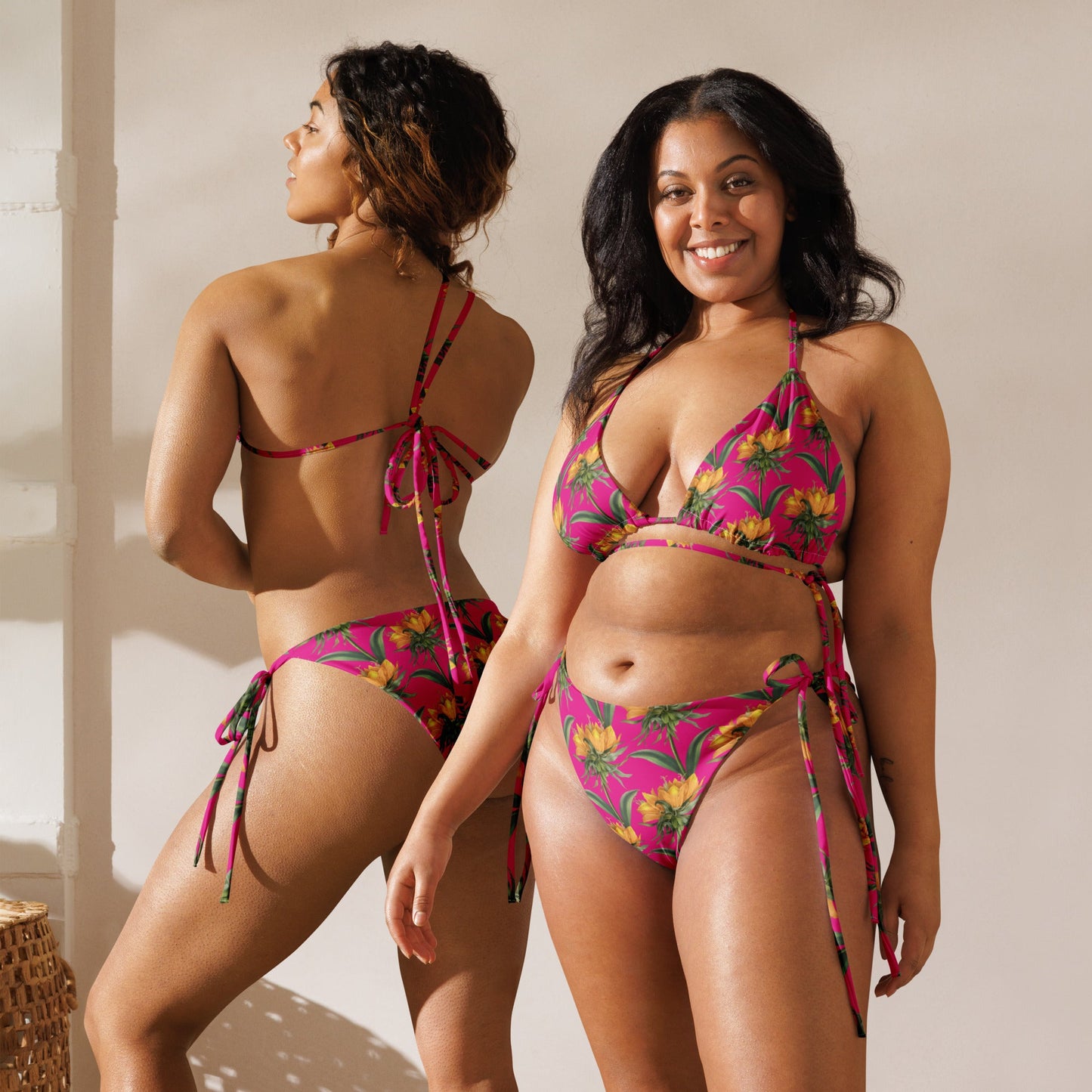 All - over print Women's string bikini,ear, White Pink Floral Bikini, Cute Summer Bikini - PratSN